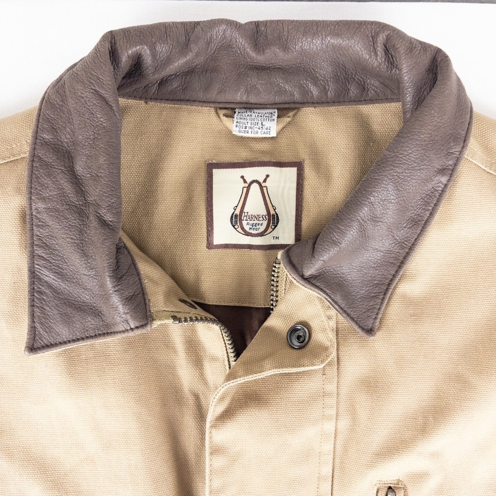 Vintage Field Chore Jacket Men L Tan Leather Collar Shooting Barn Harness Rugged - Picture 3 of 9